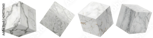 Obraz na plátne Elegant collection of four white and grey marble cubes with golden veins, isolated on a clean transparent background