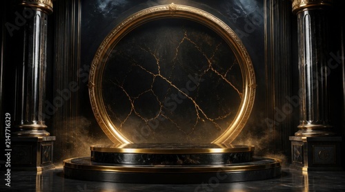 Luxurious Golden Circular Portal Stage with Marble Backdrop