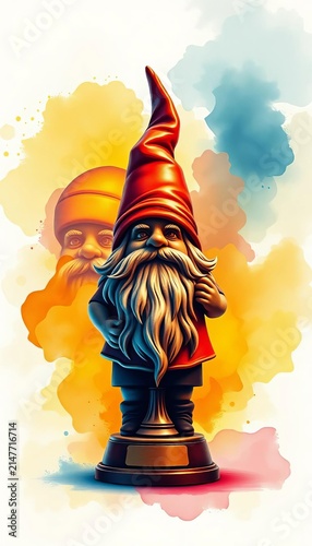Vintage gnome basketball trophy on a watercolor background, card, gnome