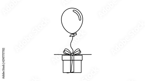 Gift box with balloon on white background.