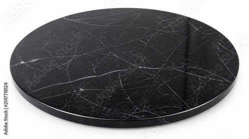 Round Black Marble Slab with White Veins on White Background