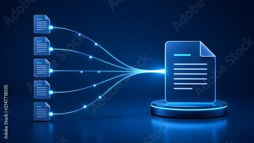 Digital file compilation process showing multiple data sources merging into a central document on a futuristic platform for automated reporting