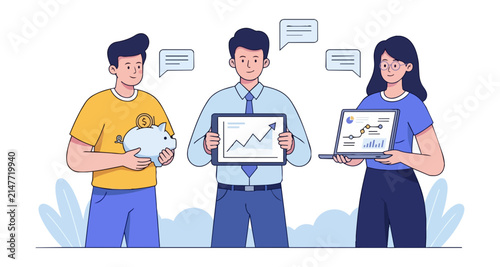 Team discuss financial growth strategy using digital devices and piggy bank illustration