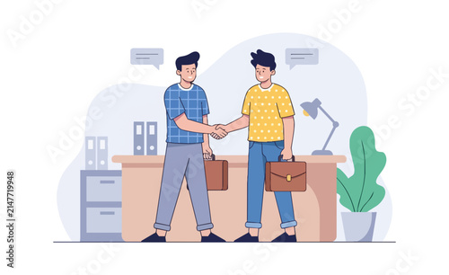 Two men shaking hands in office setting agreement partnership collaboration illustration