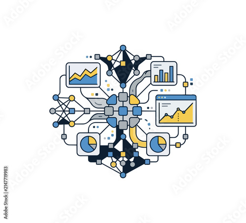 Abstract network diagram with data visualization elements