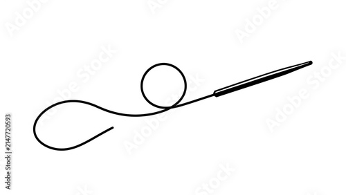 Hand drawn sewing needle and thread on white background.