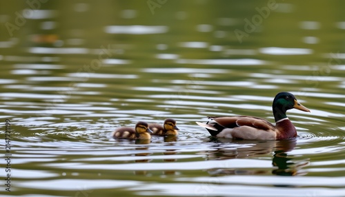 A serene waterway scene where a family of ducks, including an adult and ducklings, are swimming. They seem to be enjoying their time in the water.