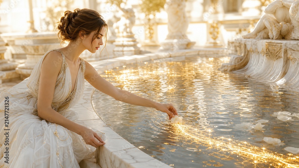 Fototapeta premium Surreal high-key shot of a woman placing a rose petal on water, creating a glowing trail of liquid gold. Luxurious visual for premium cosmetics.
