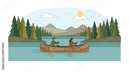 A young couple rowing a wooden canoe across a calm river surrounded by a pine forest and mountains.