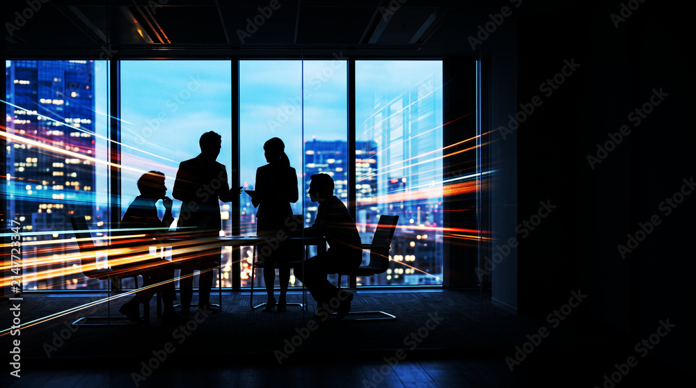 Obraz premium Silhouette Business Team Meeting with Motion Light Trails and City View at Night