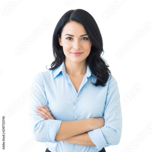 Confident woman in light blue shirt with crossed arms