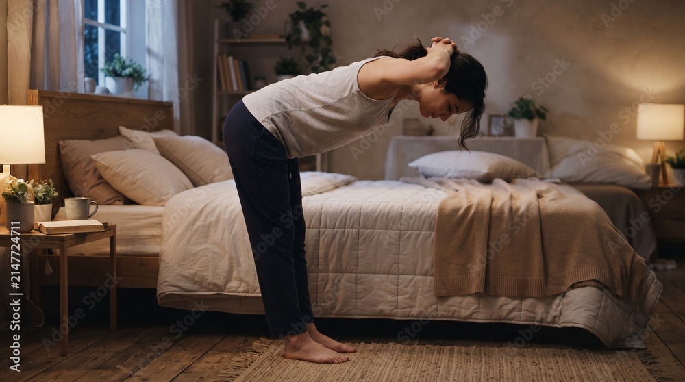 Fototapeta premium Woman stretching in bedroom at night before sleep