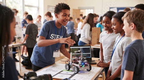 Diverse group of students engaged in a STEM robotics project presentation at a school science fair