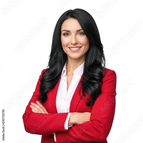 Confident woman in red blazer with arms crossed