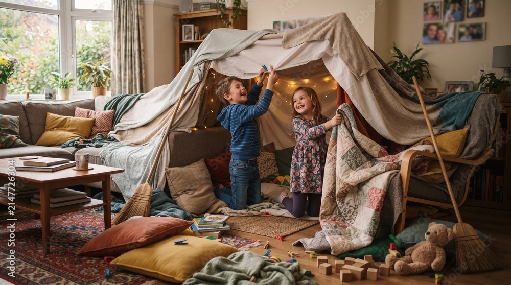 Fototapeta premium Joyful siblings build a cozy blanket fort in their living room with fairy lights and toys scattered around