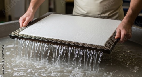 Close-up of water pouring from a shaving brush onto a white surface in a kitchen setting
