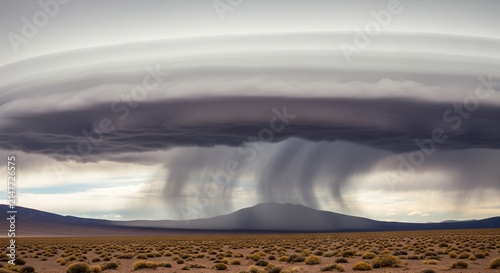 Ominous storm clouds over a desert landscape with a mountain range in the distance