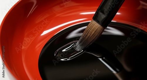 Close-up of paintbrush applying black paint into an orange container with glossy texture