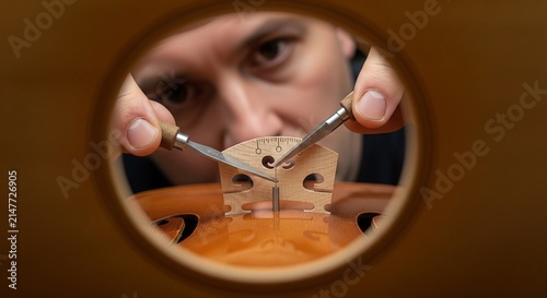 Close-up of hands assembling intricate wooden mechanical puzzle through a peephole