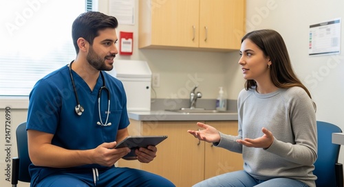 Doctor consulting patient with digital tablet in modern medical office