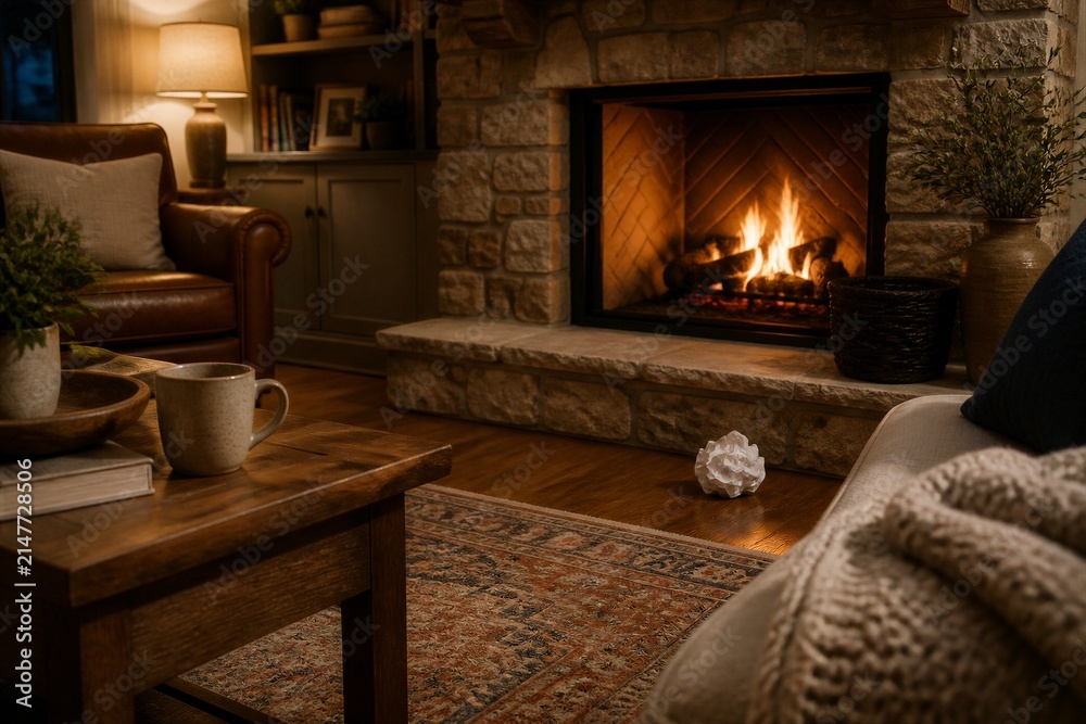 Fototapeta premium Fireplace burning in cozy living room interior at evening