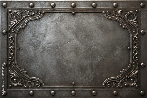 Ornate metal panel with rivets in decorative frame interior wall