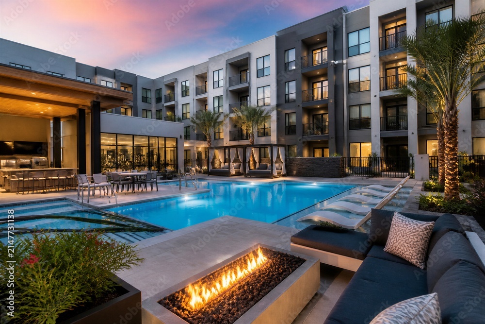Fototapeta premium Residential pool area lit at dusk in apartment courtyard