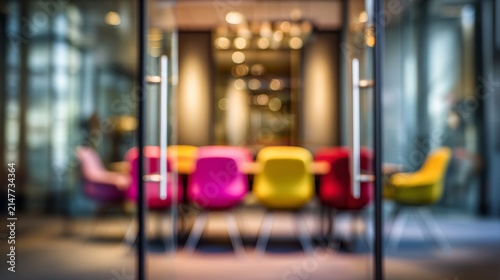 Modern corporate conference room with glass doors and brightly colored chairs, blurred office interior background for business meetings, teamwork, collaboration, presentations, corporate communication