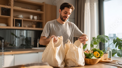 Smiling man unpacking fresh vegetables from reusable cotton bags at
