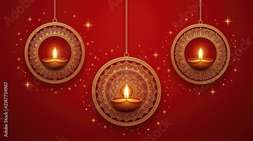Beautiful hanging golden diya lamps with intricate patterns on a festive red background for diwali celebration greeting cards