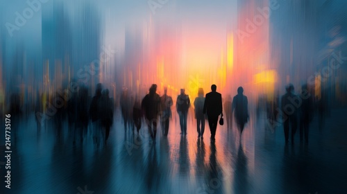 Busy business people commuting through modern city streets with motion blur and city lights, dynamic urban crowd and corporate lifestyle concept