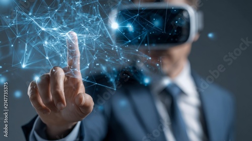 Businessman using virtual metaverse technology with artificial intelligence, global internet network, digital connectivity, future innovation, virtual reality, cyber technology, and global business co