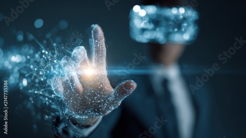 Businessman using virtual metaverse technology with artificial intelligence, global internet network, digital connectivity, future innovation, virtual reality, cyber technology, and global business co