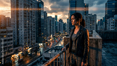 Woman standing on a rooftop overlooking a city at sunset