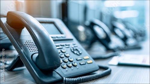 Close up office landline telephone with modern workplace background for telecommunication technology, business communication, corporate connectivity, customer service, professional office, networking,