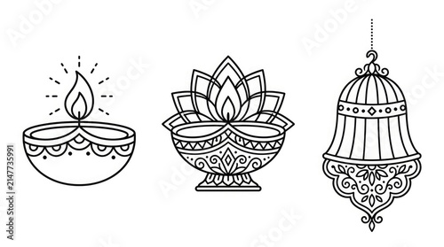 Set of hand drawn outline illustrations featuring traditional oil lamps and decorative hanging lanterns for diwali festival celebration