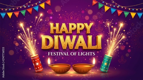 Festive happy diwali greeting card design featuring glowing oil lamps and bright firework sparkles on purple background