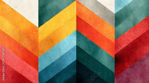 Colorful retro chevron zigzag pattern background with textured geometric stripes in orange teal and red shades.