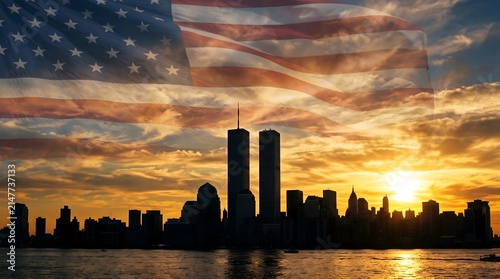 A beautiful sunset view of the new york city skyline featuring the historic twin towers overlaid with a patriotic american flag design