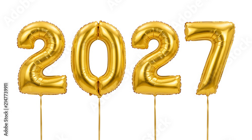 Gold foil balloons forming the number 2027 isolated on a black background for new year celebration