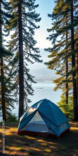 Tent nestled among towering trees, overlooking serene lake with misty mountains in background, wilderness, serenity