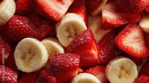 Sliced strawberries and bananas in a vibrant close-up with soft studio lighting for healthy food concepts