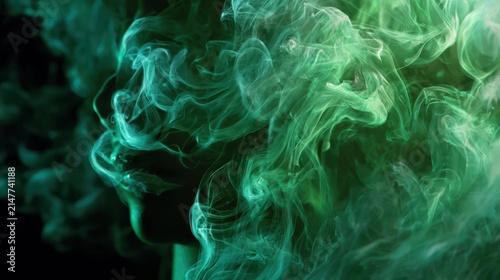 Woman's profile silhouette in vibrant green smoke against a dark background with abstract swirling patterns
