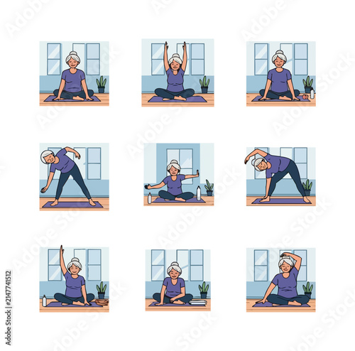 Senior woman performing various yoga poses and exercises indoors