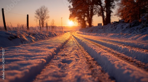 Snowy rural road during golden hour sunset with tire tracks and frost on fence posts