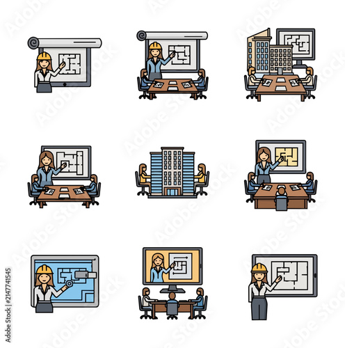 Teamwork meeting with construction blueprint presentation and building illustration