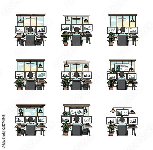 Trading desk setup with multiple monitors displaying financial charts