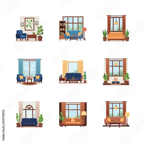 Various home interior living room scenes with windows and furniture