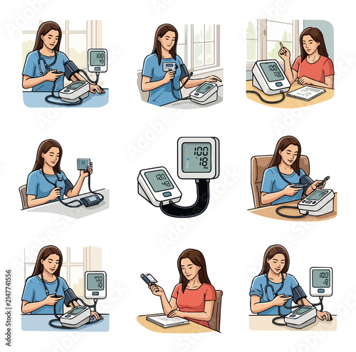 Woman checking blood pressure at home with monitor
