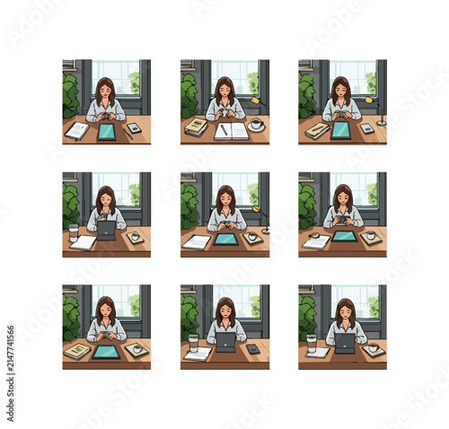Woman working at desk with digital tablet and laptop diverse tasks